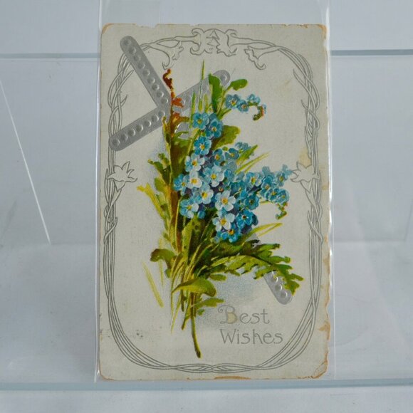 Antique Best Wishes Cross Lily Blue Flowers Postcard Stamped - Picture 1 of 3